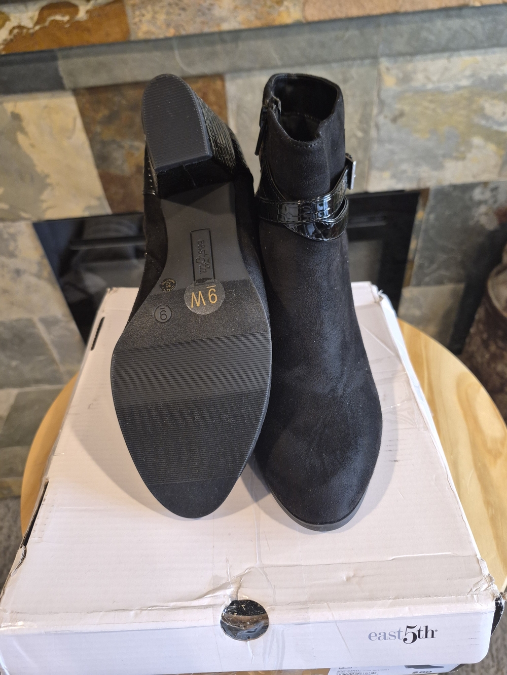 East 5th Black Suede Ankle Booties with Patent Buckle - Picture 3 of 7